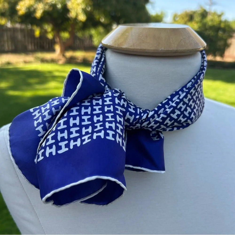 Vintage Iconic Halston Monogram Blue and White Silk Scarf
